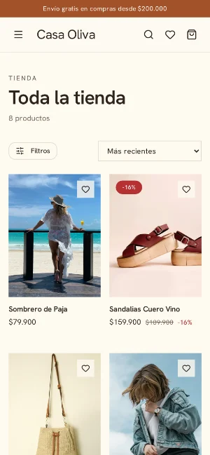 El catálogo de la tienda en un celular, con filtros y precios.