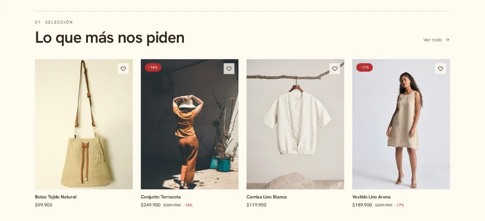 Los productos destacados de una tienda Globerce, con fotos, precios y descuentos.